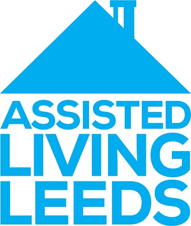 Assisted Living Leeds logo - blue lettering on white background in the shape of a house with a roof and chimney. Text reads - ASSISTED LIVING LEEDS