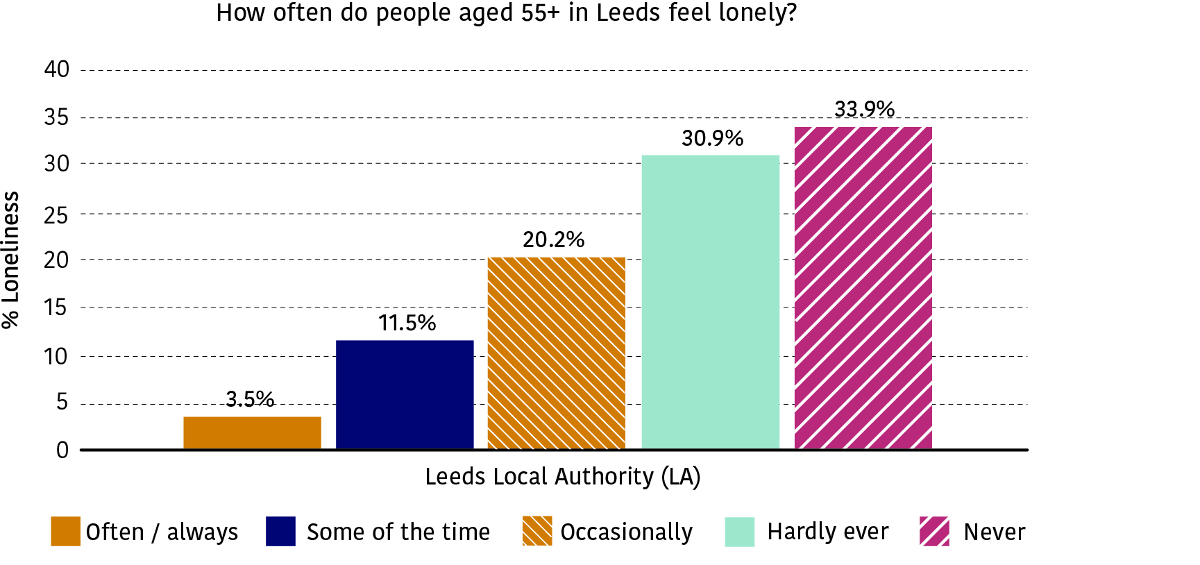A bar chart showing the frequency of loneliness (3.5% reported often/always experiencing loneliness, 11.5% reported experiencing loneliness some of the time, 20.2% reported occasional loneliness, 30.9% reported hardly ever experiencing loneliness and 33.9% reported never experiencing loneliness).