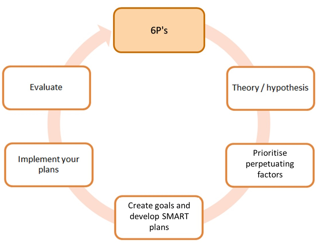 6 boxes on a circle with '6 Ps' at the top, then moving clockwise the boxes say Theory/hypothesis, Prioritise perpetuating factors, Create goals and develop SMART plans, Implement you plans, and Evaluate.