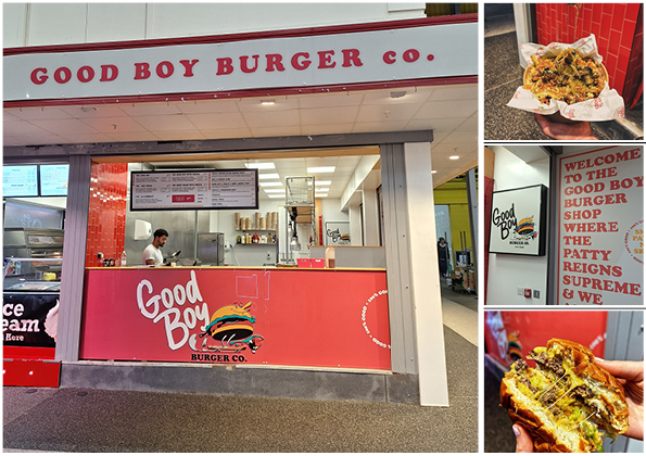 Good Boy Burger Co food stall plus close ups of the food for sale
