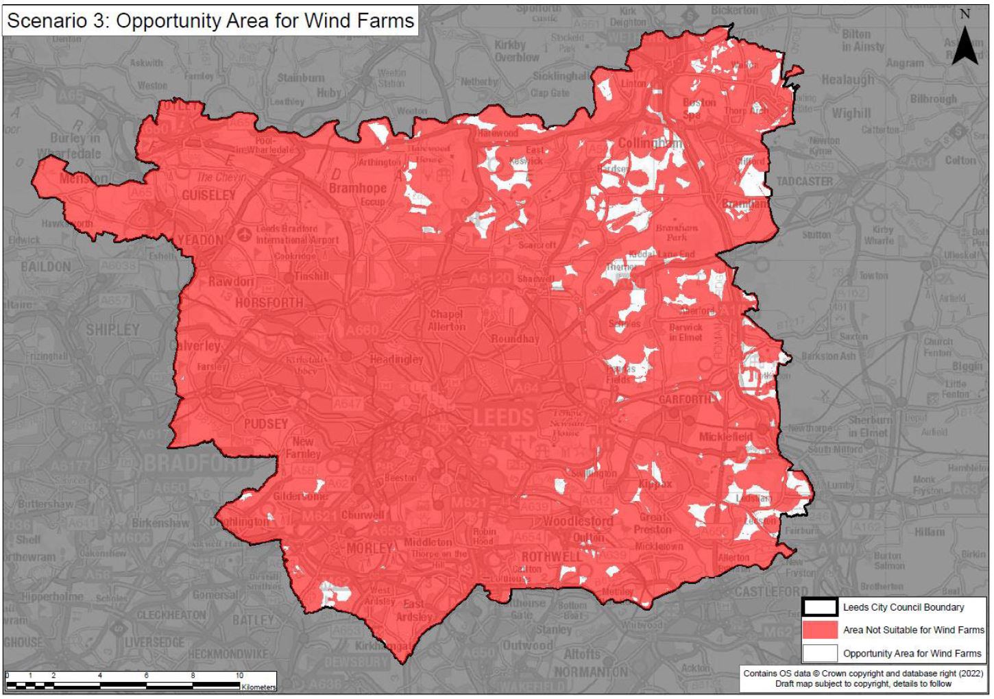 map showing areas of Leeds with wind energy opportunities