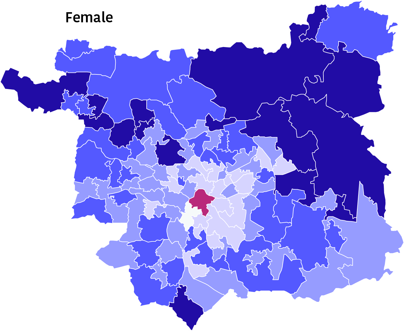 map showing how life expectancy for females varies between different areas of Leeds, indicating an overall longer life expectancy in outer areas of Leeds, shorter in the most deprived areas and longer than males across most of Leeds