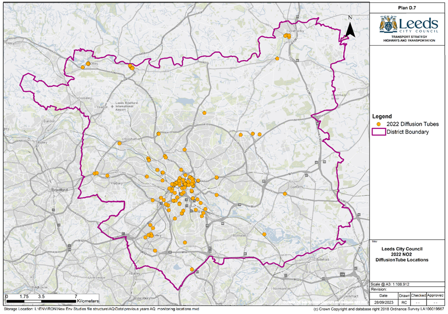 map showing all the manual diffusion tube locations in Leeds